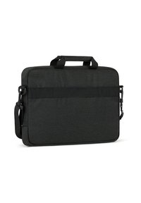 Czarna torba na laptopa wykonana z wytrzymałego materiału, o płaskim prostokątnym kształcie, z górnym uchwytem, regulowanym paskiem na ramię oraz z przednim akcentem z taśmy.