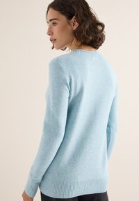 Hellblauer, strukturierter Pullover mit gerippten Bündchen und Saum, ausgestattet mit einem Rundhalsausschnitt und subtiler Farbvariation. Rückansicht angezeigt.