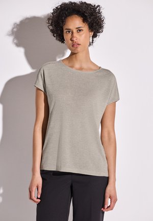 Gray short-sleeve t-shirt with a loose fit and rounded neckline. Features textured accents on the shoulders and a soft, lightweight fabric.
