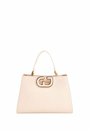 Borsa strutturata color beige chiaro con finitura in pelle liscia, caratterizzata da una fibbia prominente in tono oro e manico superiore.