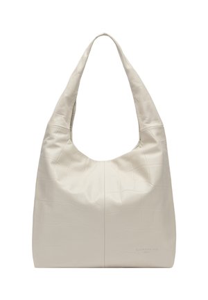 Schultertasche aus cremefarbenem, weichem Leder mit dezentem eingeprägtem Muster und geschwungenem Tragegriff, ohne sichtbare Verschlüsse oder Außentaschen.