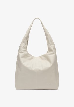 Borsa a tracolla in morbida pelle color crema con delicato motivo in rilievo e manico superiore curvo, senza chiusure visibili o tasche esterne.
