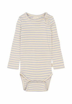 Langærmet baby bodystocking i lys gul med tynde lavendelstriber. Har en rund halsudskæring og trykknaplukning i bunden for nem påklædning.