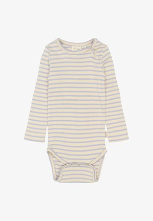 Pitkähihaisessa vauvan bodysuitissa on vaaleankeltainen väri, jossa on ohuita laventelinvärisiä raitoja. Siinä on pyöreä pääntie ja nepparit alaosassa, mikä helpottaa pukemista.