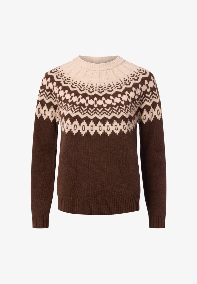 Brauner Pullover mit cremefarbenen und hellrosa geometrischen Mustern über der Brust, den Schultern und den oberen Ärmeln, ausgestattet mit einem gerippten Halsausschnitt und Bündchen.