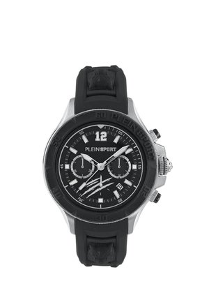 Orologio cronografo nero e argento con cinturino in gomma nero, tre quadranti ausiliari, finestra della data e logo "PLEIN SPORT" sul quadrante.