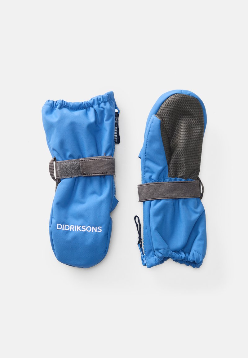 Plave vodootporne rukavice s teksturiranim crnim gripom, elastičnim manžetama i podesivim Velcro trakama. Sadrži logo "Didriksons".