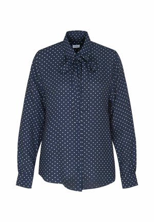 Navyblauwe overhemd met witte stippen, lange mouwen, knoopsluiting aan de voorkant en strikdetail bij de kraag. Gemaakt van zachte stof.