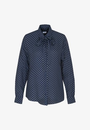 Navyblauwe overhemd met witte stippen, lange mouwen, knoopsluiting aan de voorkant en strikdetail bij de kraag. Gemaakt van zachte stof.