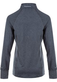 Mörkgrå långärmad träningsskjorta med hög krage, fukttransporterande material och subtil dekorativ sömnadsdetalj på ärmsluten.
