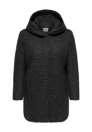 Manteau noir texturé longueur genou avec manches longues et grande capuche, présenté de face sur fond blanc.