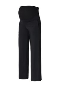 Zwarte zwangerschapsbroek met een brede, rekbare tailleband. Voorzien van twee zijzakken en een ontspannen, wijde pijpdesign voor comfort.