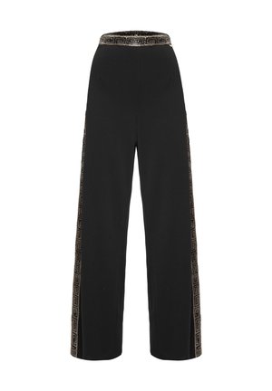 Pantalones anchos negros con una cinturilla texturizada que presenta un patrón metálico geométrico a lo largo del costado. Material suave con bolsillos.