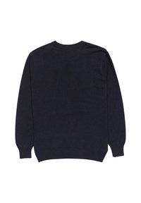 Marineblauer Pullover mit langen Ärmeln und rundem Ausschnitt. Gerippte Bündchen und Saum, weiche Textur, minimalistisches Design und keine sichtbaren Logos oder Muster.