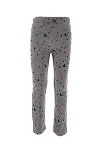 Pantalones elásticos grises con un sutil patrón salpicado de puntos negros y naranjas. Cuenta con una cintura elástica para mayor comodidad y facilidad al llevarlos.