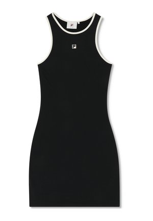 Vestido negro sin mangas ajustado con ribete blanco en el escote y las sisas, con un pequeño logo centrado debajo del escote.