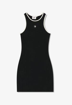 Zwarte mouwloze nauwsluitende jurk met witte bies rond de halslijn en armsgaten, met een klein logo in het midden net onder de halslijn.