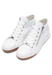 Pair of white leather high-top sneakers with laces, side zippers, and beige rubber soles shown on a white background.