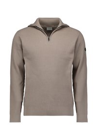 Beige geribde gebreide trui met een ritskraag en lange mouwen. Heeft een subtiel logo op de linkermouw. De textuur is zacht en elastisch.