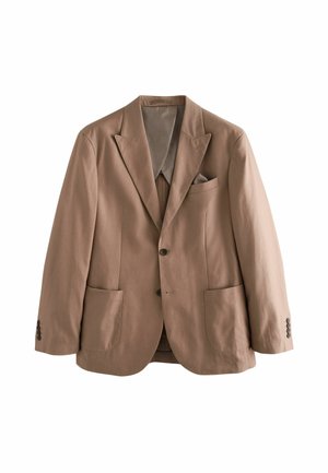 Blazer marron avec revers à cran, deux poches avant et une poche poitrine. Fabriqué en tissu léger avec une conception structurée.