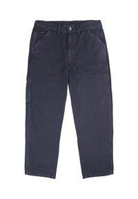 Pantalon bleu marine foncé en coton avec une coupe droite. Il présente deux poches avant et une poche cargo latérale unique avec des coutures renforcées.