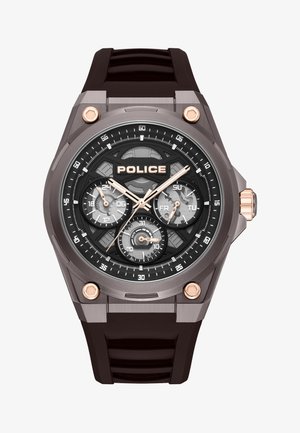 Herreur fra Police med analog urskive i sort, tre underskiver til 24-timers, dag og dato, rosaguldsdetaljer og sort gummirem.