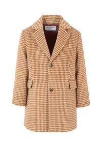 Tandkleurige jas met houndstooth-patroon, een gekarteld kraag, twee knopen, zijzakken en een gladde voering. Stof heeft een gestructureerde afwerking.