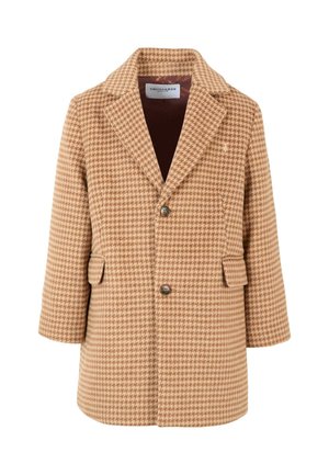 Tandkleurige jas met houndstooth-patroon, een gekarteld kraag, twee knopen, zijzakken en een gladde voering. Stof heeft een gestructureerde afwerking.