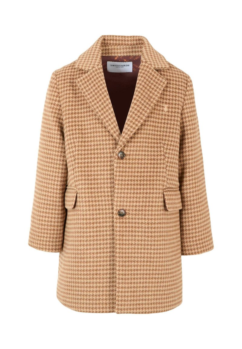 Tandkleurige jas met houndstooth-patroon, een gekarteld kraag, twee knopen, zijzakken en een gladde voering. Stof heeft een gestructureerde afwerking.