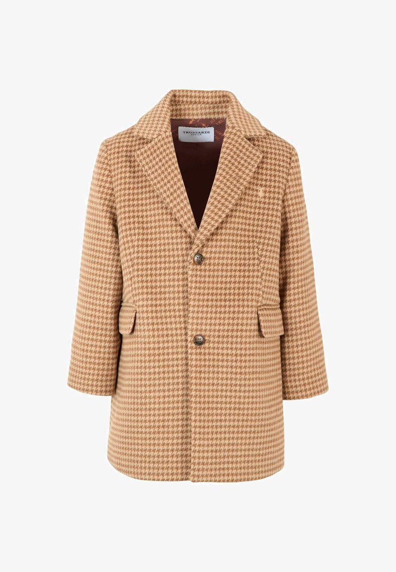 Płaszcz w wzór houndstooth w odcieniu brązowym, z wykładanym kołnierzem, z dwoma guzikami, kieszeniami po bokach oraz gładką podszewką. Tkanina ma teksturowane wykończenie.