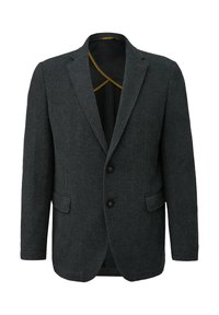 Donkergrijze blazer met een gestructureerd patroon, voorzien van twee knopen, een notch-revers en twee voorzakken. Zwarte binnenvoering met gele accenten.