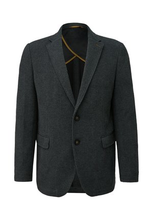 Dunkelgrauer Blazer mit strukturiertem Muster, ausgestattet mit zwei Knöpfen, einem Revers mit Kerbe und zwei vorderen Taschen. Schwarze Innenausstattung mit gelben Akzenten.