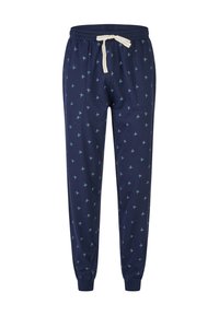 Navy blauwe joggerbroeken met kleine lichtblauwe palmbomenprints, elastische tailleband met witte trekkoord en ribgebreide boorden.