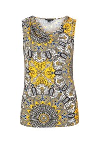 Ærmeløs top med et indviklet mønster i gult, sort og blåt samt en draperet halsudskæring. Fremstillet af let og glat stof.