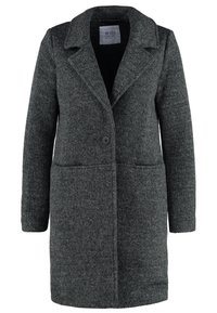 Ciemnoszary, teksturowany płaszcz z klapami, zapinany na jeden guzik, z dwiema przednimi kieszeniami i prostym krojem.