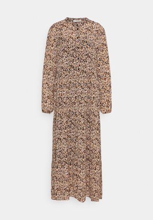 Robe midi à manches longues avec col haut, jupe à volants, et imprimé floral automnal en tons beige, noir et rose sur un tissu doux.