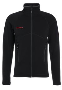 Svart fleecejacka med hel dragkedja, ståkrage, två blixtlåsfickor på sidorna och röd "MAMMUT"-logotyp på bröstet.