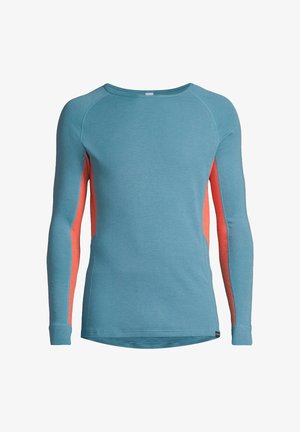 Blue long-sleeve shirt made of soft material, featuring coral accents along the sides and a rounded neckline. Smooth texture with fitted design.