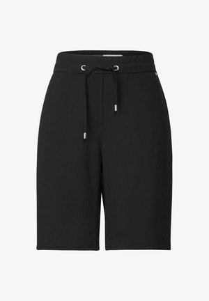 Black shorts made from textured fabric, featuring an elastic waistband with drawstring and silver hardware, knee-length with straight fit.