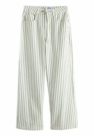 Pantalon blanc à jambes larges avec fines rayures verticales noires, poches avant et taille à cordon.