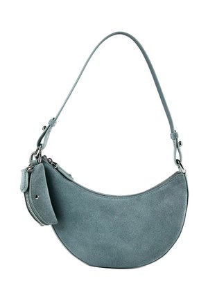 Bolso de hombro de ante azul claro con forma de media luna, con correa ajustable y pequeño bolso con cremallera adjunto.