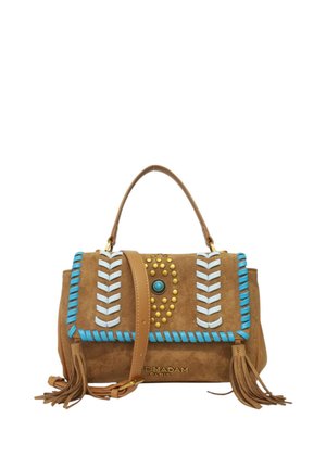 Borsa a mano in suede marrone con rifiniture intrecciate blu e bianche, borchie dorate, pietra turchese, manico superiore, tracolla rimovibile e dettagli con nappine.