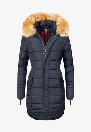 Manteau d'hiver matelassé bleu marine avec une fermeture éclair à l'avant, deux poches zippées et une capuche bordée de fausse fourrure beige clair.