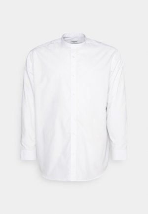 White long-sleeve shirt with a mandarin collar, featuring a button-front closure, smooth texture, and tailored fit.