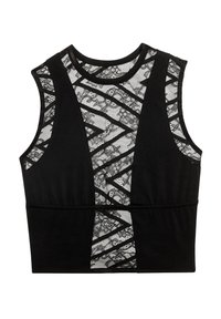 Top corto senza maniche nero con pannelli in pizzo floreale e motivi a strisce geometriche sul davanti e sul retro.