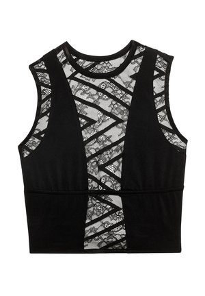 Schwarzes ärmelloses Crop-Top mit floralen Spitzenpaneelen und geometrischen Streifenmustern auf Vorder- und Rückseite.