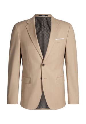 Blazer beige da uomo con due bottoni, rever a lancia, tasche frontali con pattina, taschino sul petto con fazzoletto bianco e fodera interna scura con motivo.