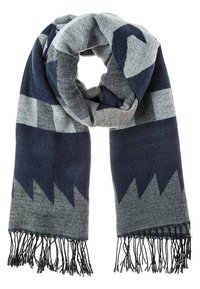 Écharpe en laine avec motifs géométriques bleu marine, gris et gris clair, pliée en boucle avec des extrémités à franges.