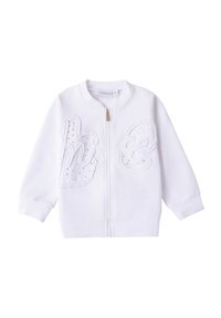 Felpa bianca con zip e polsini a costine, caratterizzata da lettere ricamate e decorazioni sul davanti per un tocco di texture in più.