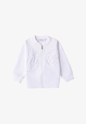 Felpa bianca con zip e polsini a costine, caratterizzata da lettere ricamate e decorazioni sul davanti per un tocco di texture in più.